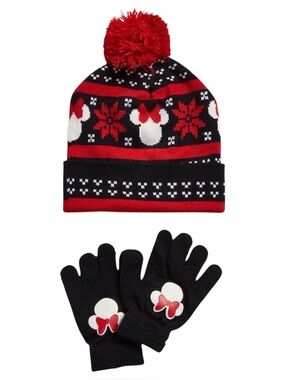 Disney Girls 2-Piece Minnie Mouse Fair Isle Knit Hat Gloves Set Red/Black 4-6X